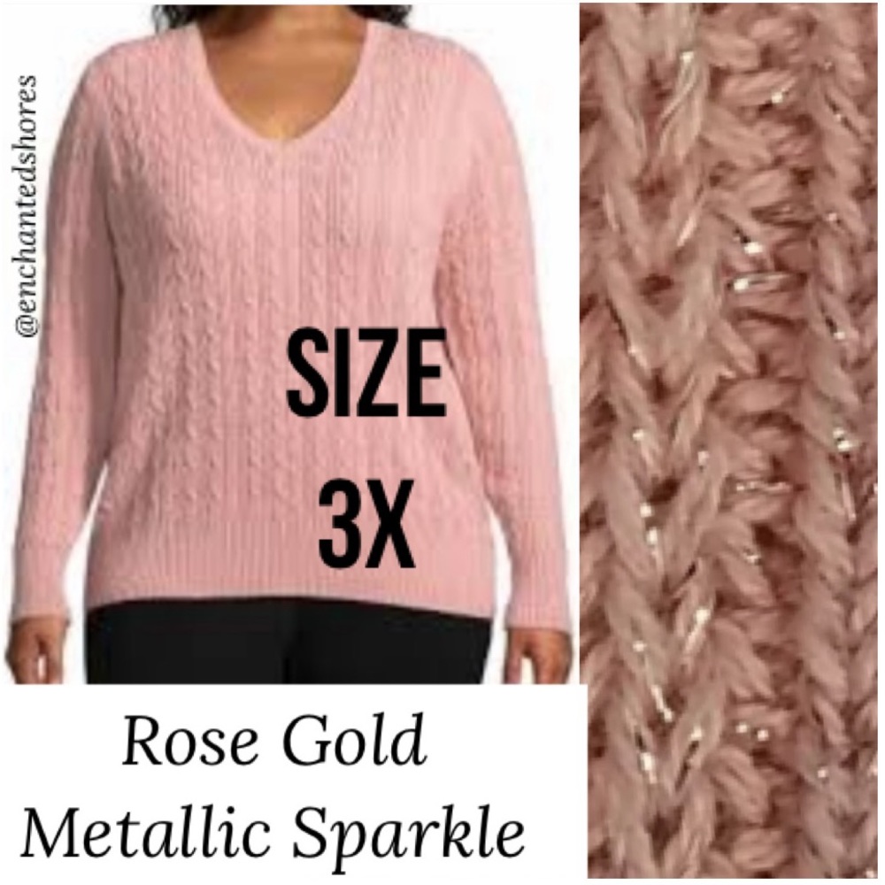 Metallic Rose Gold Cable Knit Sweater Delicate Coquette Pink Sparkle Size 3X